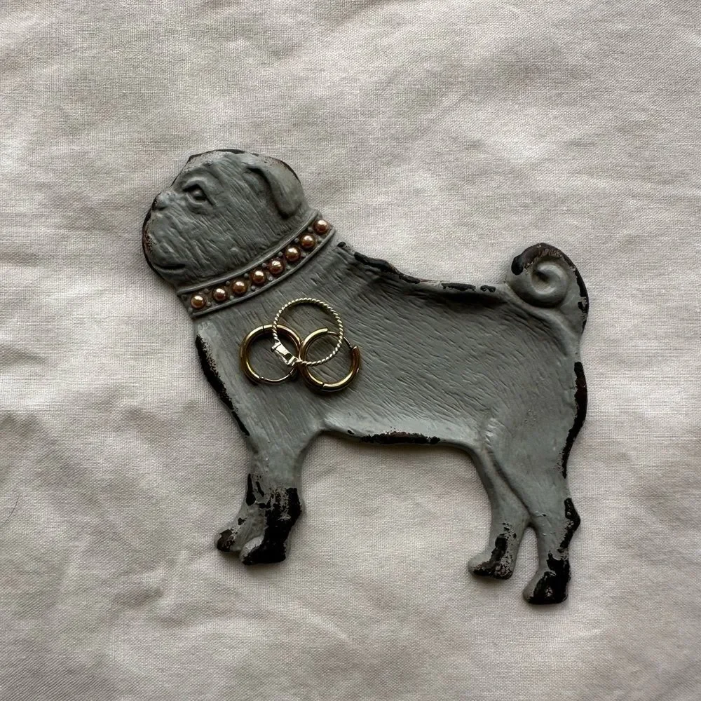 Vintage Cast Iron Pug Ring Jewelry Dish Patina
